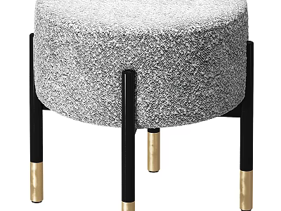 Modern Round Gray Textured Fabric Ottoman With Black Legs And Gold Feet 3d model