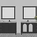 Bathroom Interior With Double Black Vanity Mirrors Sinks Green Tiles And Flowers