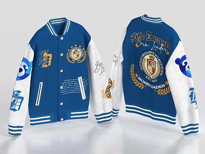 Blue And White Varsity Jacket With High School Patches Embroidery And Signatures 3d model