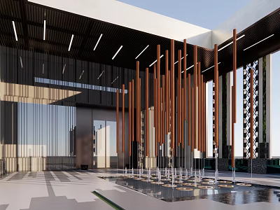 Modern Entrance Gate With Wooden Decorative Columns Water Features Glass Curtain Walls And Light Strips 3d model