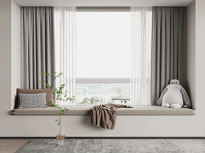 Cozy Bay Window Nook With Pillows Stuffed Toy Blanket And Potted Plant 3d model
