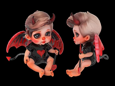 Cute Devil Figurine Ornament Set with Horns Wings Tail and Heart Pattern Outfit 3d model