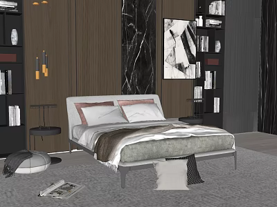 Double Bed with Minimalist Design in Modern Bedroom Featuring Bookshelves Decorative Painting and Soft Carpet 3d model