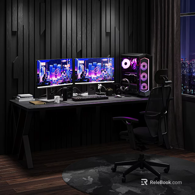 Modern Gaming Desk and Chair Set With Dual Monitors RGB PC Case City Night Backdrop 3d model 