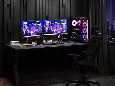Modern Gaming Desk and Chair Set With Dual Monitors RGB PC Case City Night Backdrop 3d model