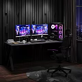 Modern Gaming Desk and Chair Set With Dual Monitors RGB PC Case City Night Backdrop