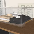 Transparent Storage Basket with Metal Frame on Wooden Desk Geometric Wall Decor and Window Blinds