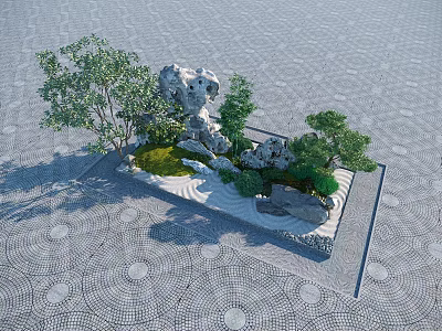 Natural Rockery Stones with Green Trees Shrubs Moss and Paved Ground in Garden Landscape 3d model