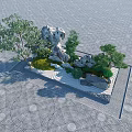 Natural Rockery Stones with Green Trees Shrubs Moss and Paved Ground in Garden Landscape