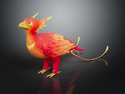 Vibrant Red Orange Phoenix With Yellow Crest Tail Feathers Standing On Black Surface 3d model