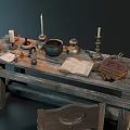 Vintage Wooden Desk With Candles Books Ink Bottles And Wooden Chair