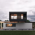 Modern Detached Villa With Black And White Exterior Large Glass Windows Green Lawn And Trees