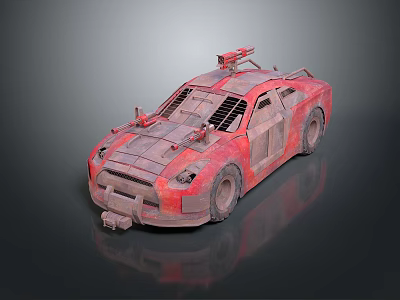 Red Modified Car With Rusty Metal Plates And Roof Mounted Weapon 3d model