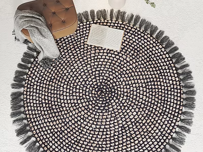 Round Black and White Polka Dot Rug with Tassels Open Book in Cozy Living Room 3d model