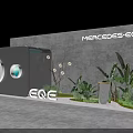 Mercedes EQ Display Stage With Gray Backdrop Circular Design EQE Logo And Plants