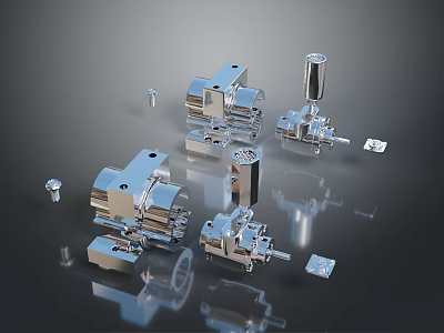 Silver Metal Mechanical Components With Various Precision Shapes And Structures 3d model