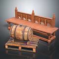 Wooden Barrel On Pallet And Carved Wooden Bench With Intricate Patterns
