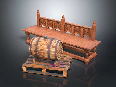 Wooden Barrel On Pallet And Carved Wooden Bench With Intricate Patterns 3d model