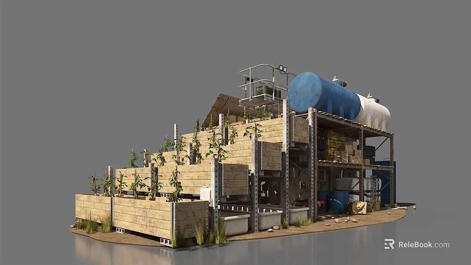 Vertical Garden Structure With Layered Wooden Planters Metal Frame And Water Tank 3d model 