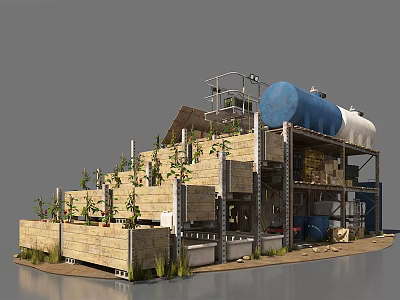 Vertical Garden Structure With Layered Wooden Planters Metal Frame And Water Tank 3d model