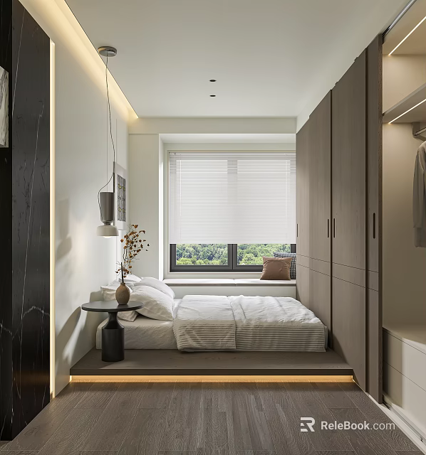 Modern Bedroom Interior Design With Built in Wardrobe Bed Window Roller Blind And Nightstand 3d model