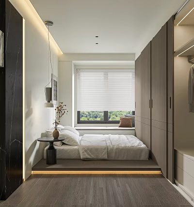 Modern Bedroom Interior Design With Built in Wardrobe Bed Window Roller Blind And Nightstand 3d model