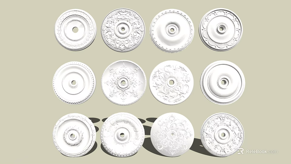 White Ceiling Medallions with Various Decorative and Intricate Patterns for Interior Decor 3d model 