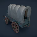 Vintage Horse Drawn Wagon With Canvas Cover And Wooden Wheels On Blue Retro Body