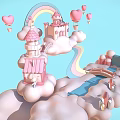 Cartoon Fantasy Scene With Rainbow Castle Floating Clouds Hot Air Balloons And Bunny
