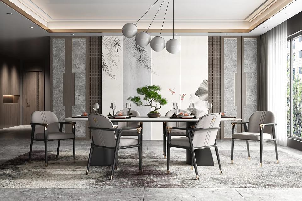 Elegant Modern Restaurant Interior With Dining Table Chairs Pendant Lights And Green Plants 3d model 