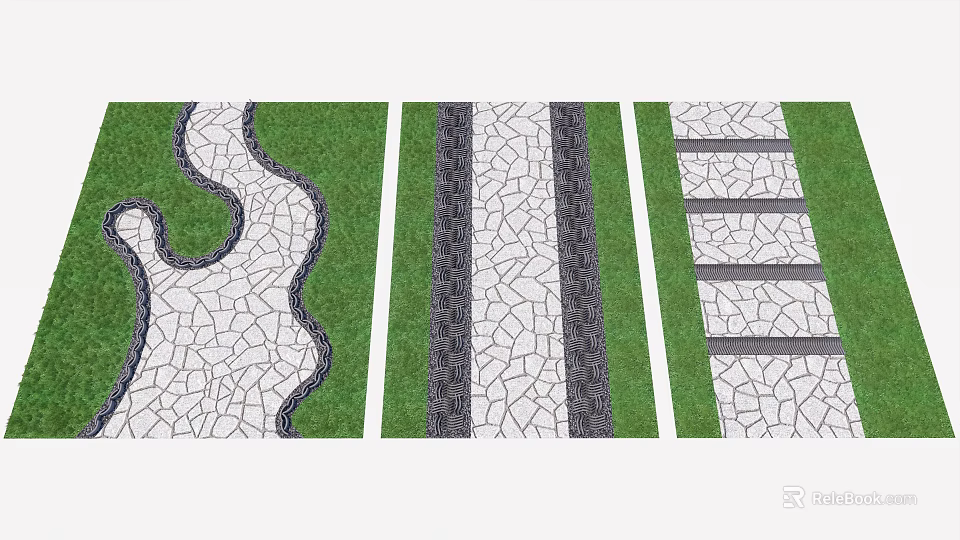 Garden Path Paving with Cracked Texture Curved Straight Stepped Designs Dark Borders and Green Lawn 3d model 