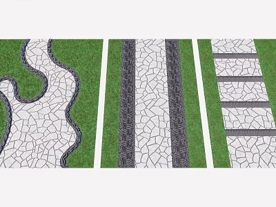 Garden Path Paving with Cracked Texture Curved Straight Stepped Designs Dark Borders and Green Lawn 3d model