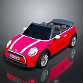 Shiny Red Mini Cooper Convertible with White Stripes Black Top and Silver Wheels
