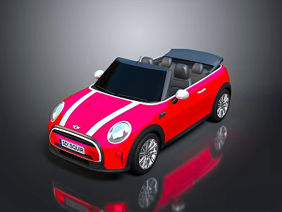 Shiny Red Mini Cooper Convertible with White Stripes Black Top and Silver Wheels 3d model
