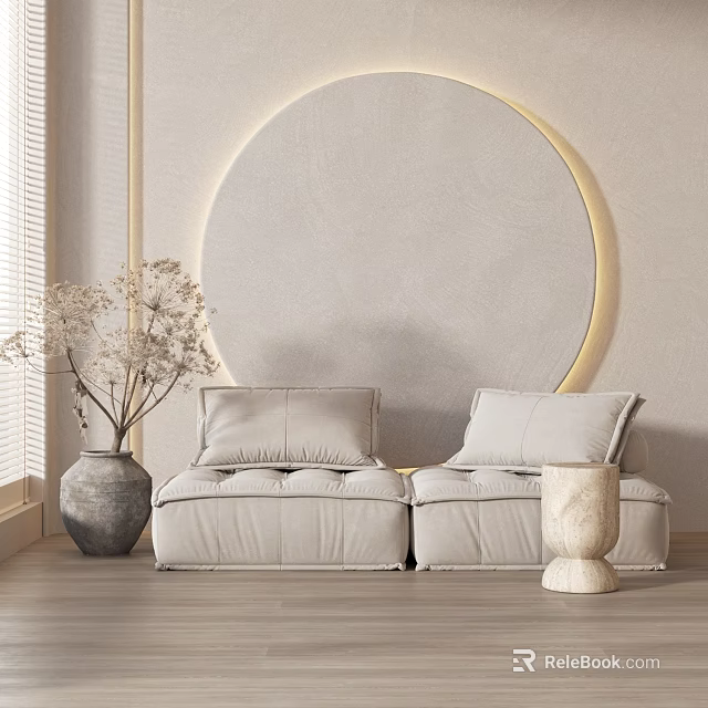 Modern Minimalist Light Gray Leather Double Sofa with Round Decorative Wall and Dried Flowers Vase 3d model 
