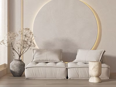 Modern Minimalist Light Gray Leather Double Sofa with Round Decorative Wall and Dried Flowers Vase 3d model