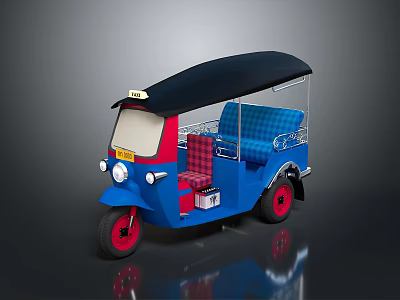Blue Auto Rickshaw Tricycle With Black Roof Red Wheels Checkered Seats And Yellow License Plate 3d model