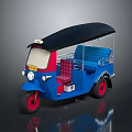 Blue Auto Rickshaw Tricycle With Black Roof Red Wheels Checkered Seats And Yellow License Plate