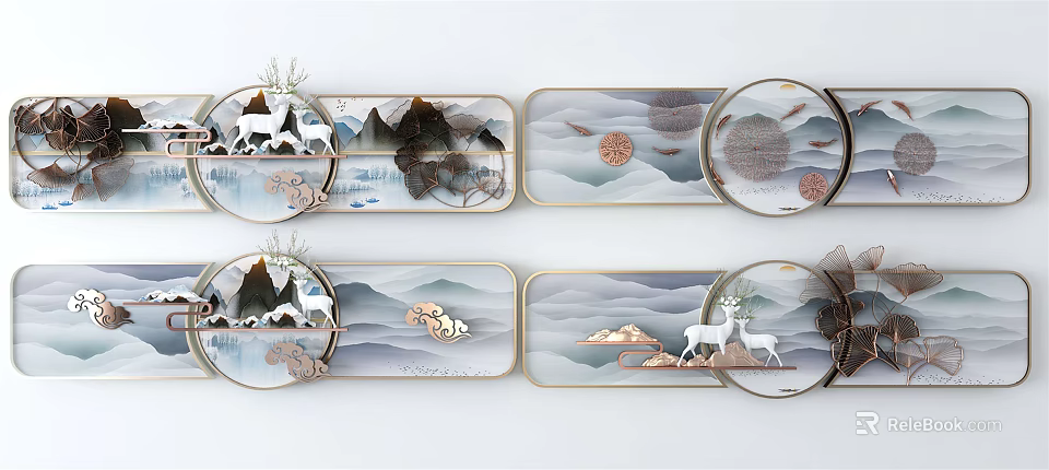 Elegant Wall Decor With Mountain Landscape Deer And Circular Rectangular Golden Frames 3d model