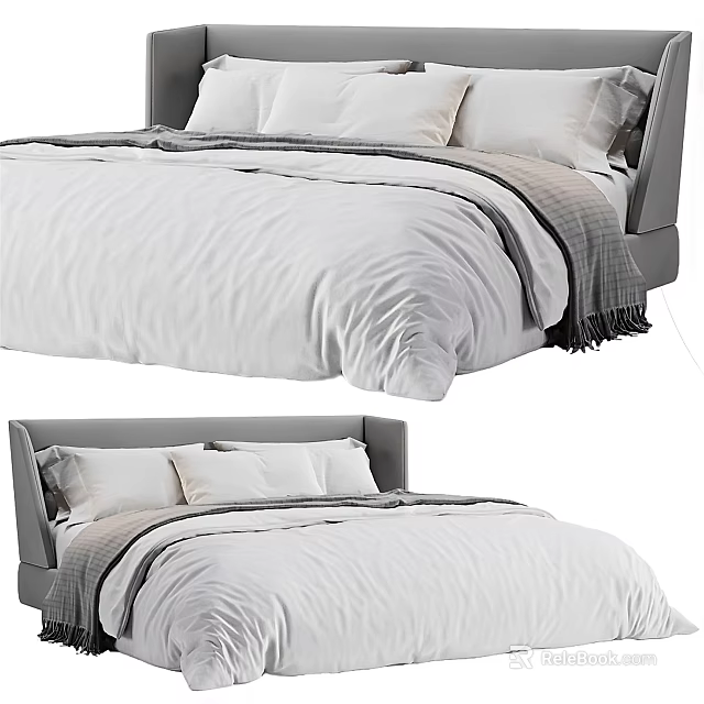 Modern Double Bed With Gray Headboard White Bedding Pillows And Soft Throw Blanket 3d model 