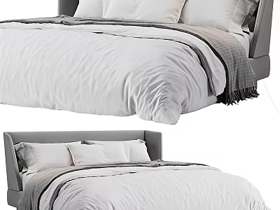 Modern Double Bed With Gray Headboard White Bedding Pillows And Soft Throw Blanket 3d model
