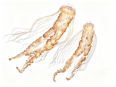 Two Graceful Orange Jellyfish with Long Wispy Tentacles on White Background 3d model