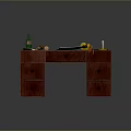 Mahogany Desk With Orange Knob Drawers And Green Bottle Rolled Paper Yellow Tool Small Candle