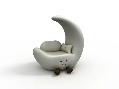 White Moon Shaped Single Seater Sofa With Cloud Cushion Small Pillow And Brown Legs 3d model