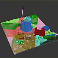 Miniature Scenic Model Featuring Blue Windmill Circular Grassy Area Path Tree And Small Buildings