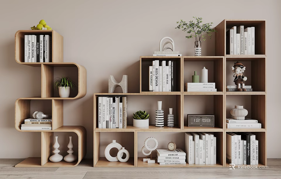 Modern Stylish Wooden Bookshelf Design With Books Decorative Ornaments And Green Plants 3d model 