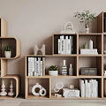 Modern Stylish Wooden Bookshelf Design With Books Decorative Ornaments And Green Plants