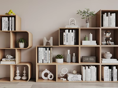 Modern Stylish Wooden Bookshelf Design With Books Decorative Ornaments And Green Plants 3d model