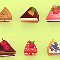 Various Types of Decorated Cakes with Cherry Strawberry Blueberry Toppings and Colorful Layers