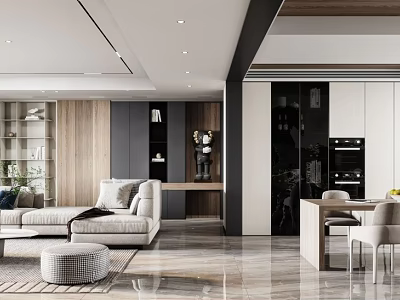 Modern Living Dining Room Interior Design With Sofa Dining Table And Wooden Cabinets 3d model